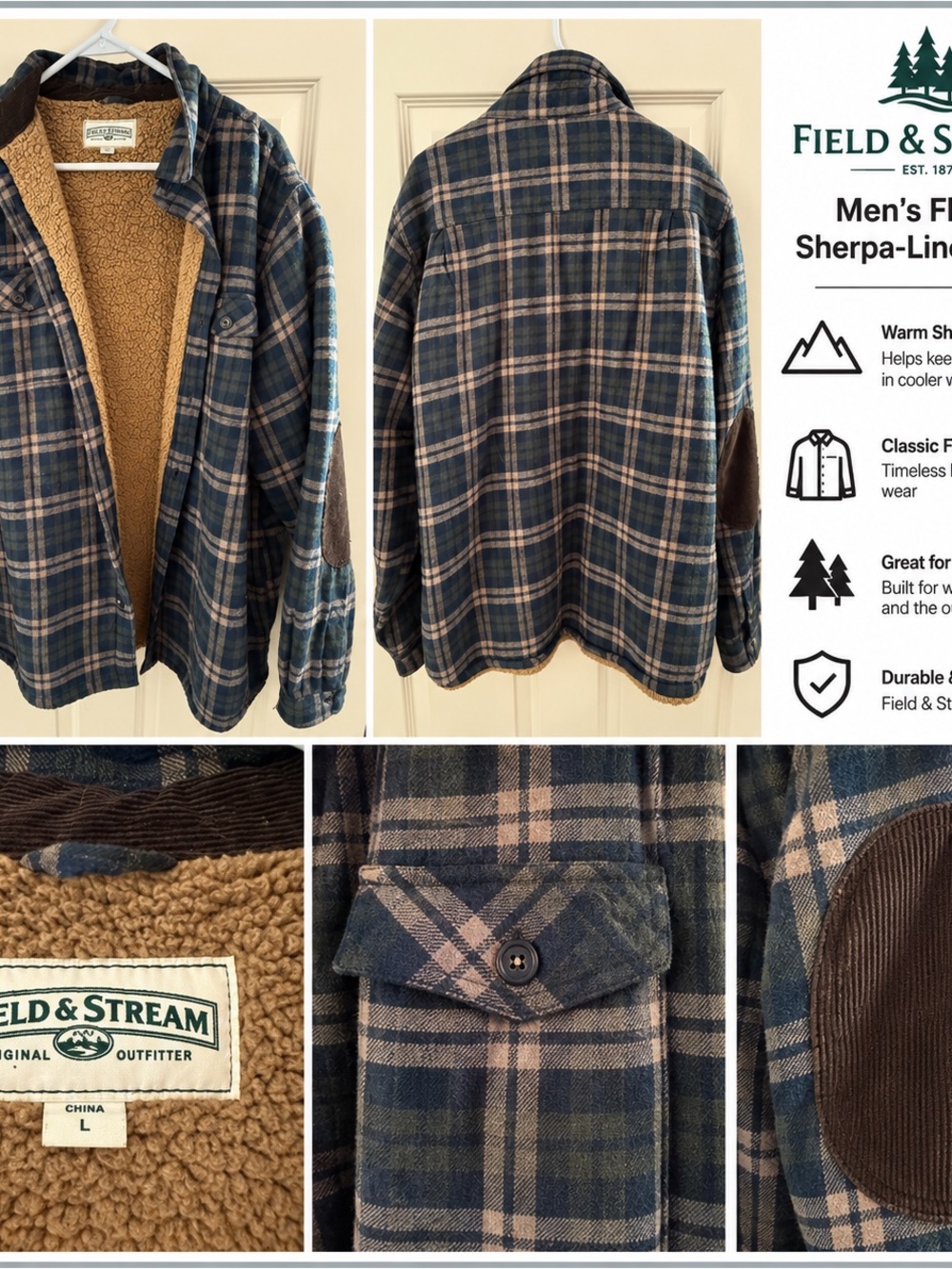 Field & Stream Men’s Plaid Sherpa Lined Flannel Jacket Size L